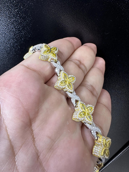Iced Out Clover Bracelet: 9.04CT Yellow Sapphire, Moissanite, Sterling Silver
