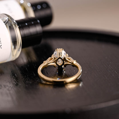 Solid Gold Filigree Elongated Beaded Milgrain Cushion Cut Moissanite Engagement Ring, Anniversary Ring