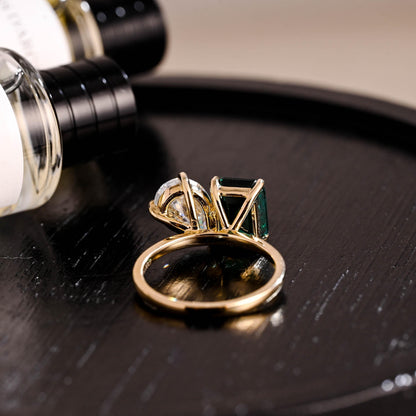 Solid Gold Toi et Moi Ring, Pear Cut & Emerald Cut Green Moissanite Engagement Ring, Two Stone Ring