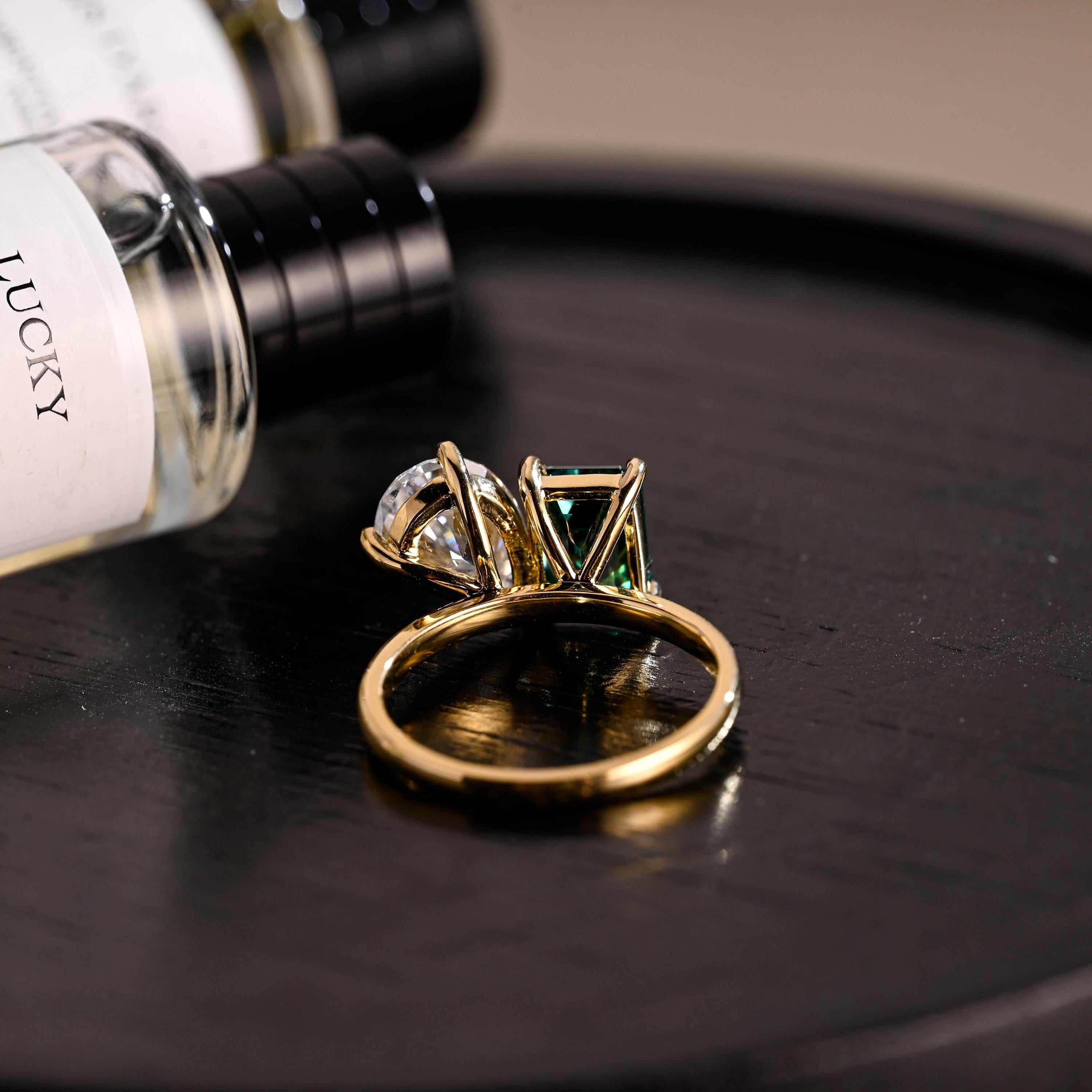 Solid Gold Toi et Moi Ring, Pear Cut & Emerald Cut Green Moissanite Engagement Ring, Two Stone Ring
