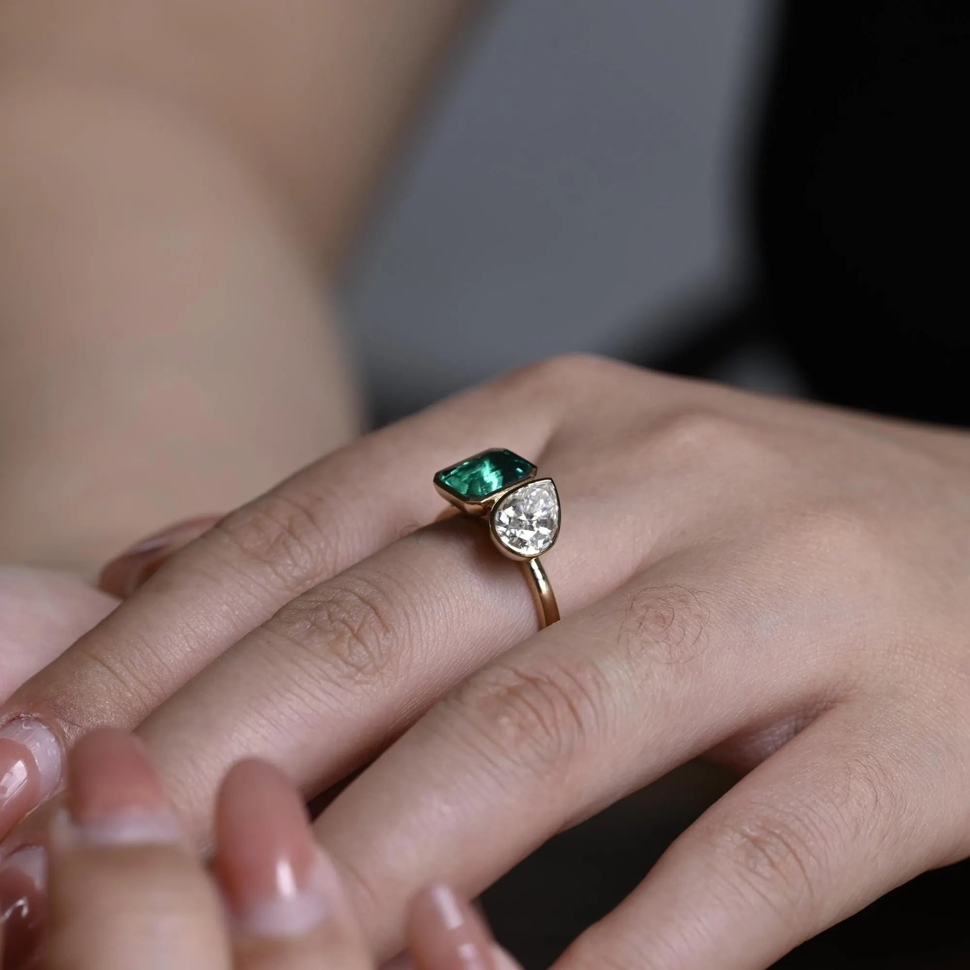 Bezel Toi et Moi Engagement Ring, Lab Grown Emerald Ring, Solid Gold Pear Cut Moissanite Wedding Ring