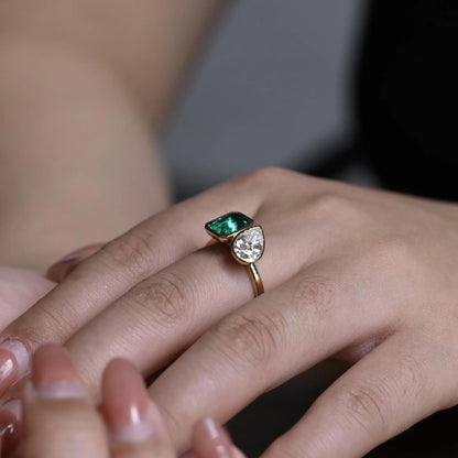 Bezel Toi et Moi Engagement Ring, Lab Grown Emerald Ring, Solid Gold Pear Cut Moissanite Wedding Ring