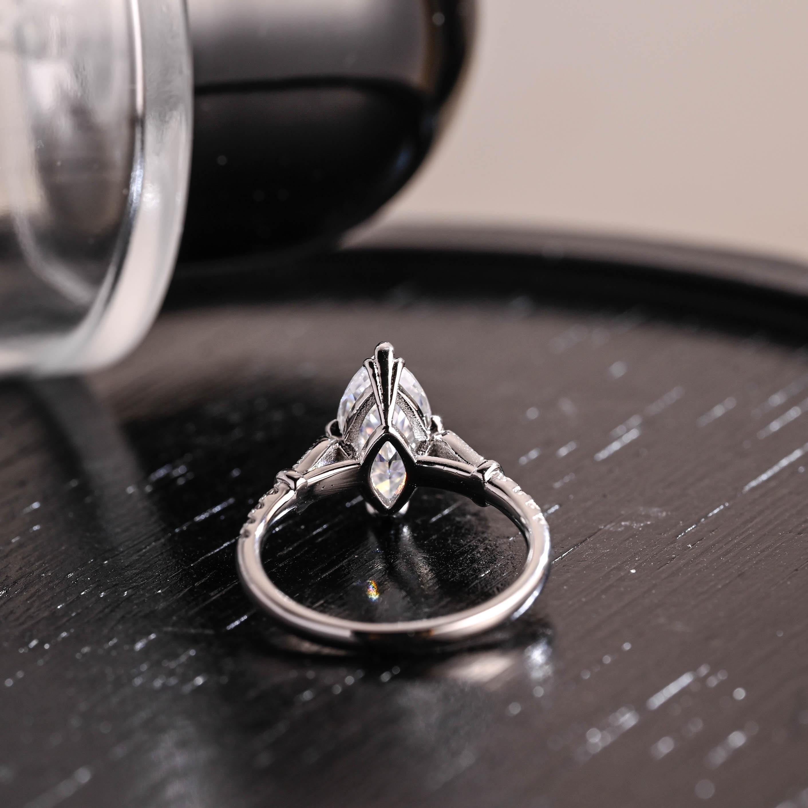 Filigree Marquise Cut Moissanite Engagement Ring, Solid Gold Milgrain Wedding Ring