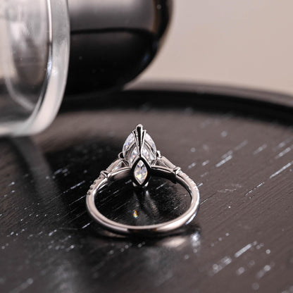 Filigree Marquise Cut Moissanite Engagement Ring, Solid Gold Milgrain Wedding Ring