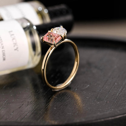 Solid Gold Toi et Moi Emerald Cut Pink Sapphire & Pear Cut Moissanite Engagement Ring