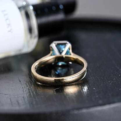 Solid Gold Radiant Cut Aquamarine Color Sapphire Engagement Ring, Two Tone Bezel Proposal Ring