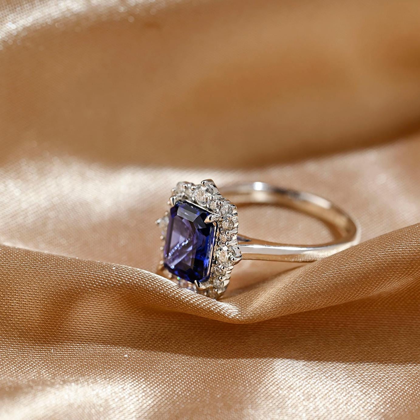 Solid Gold Emerald Cut Lab Grown Sapphire Engagement Ring, Halo Moissanite Wedding Ring, Anniversary Gemstone Ring, Moissanite Gifts