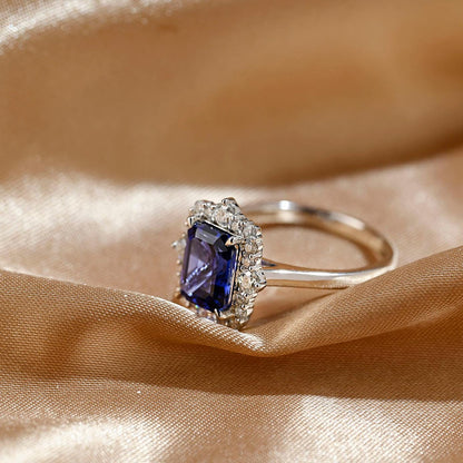 Solid Gold Emerald Cut Lab Grown Sapphire Engagement Ring, Halo Moissanite Wedding Ring, Anniversary Gemstone Ring, Moissanite Gifts