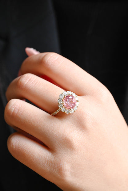 Solid Gold Round Cut Pink Sapphire Engagement Ring, Anniversary Gift Birthday Gift for Women Wife