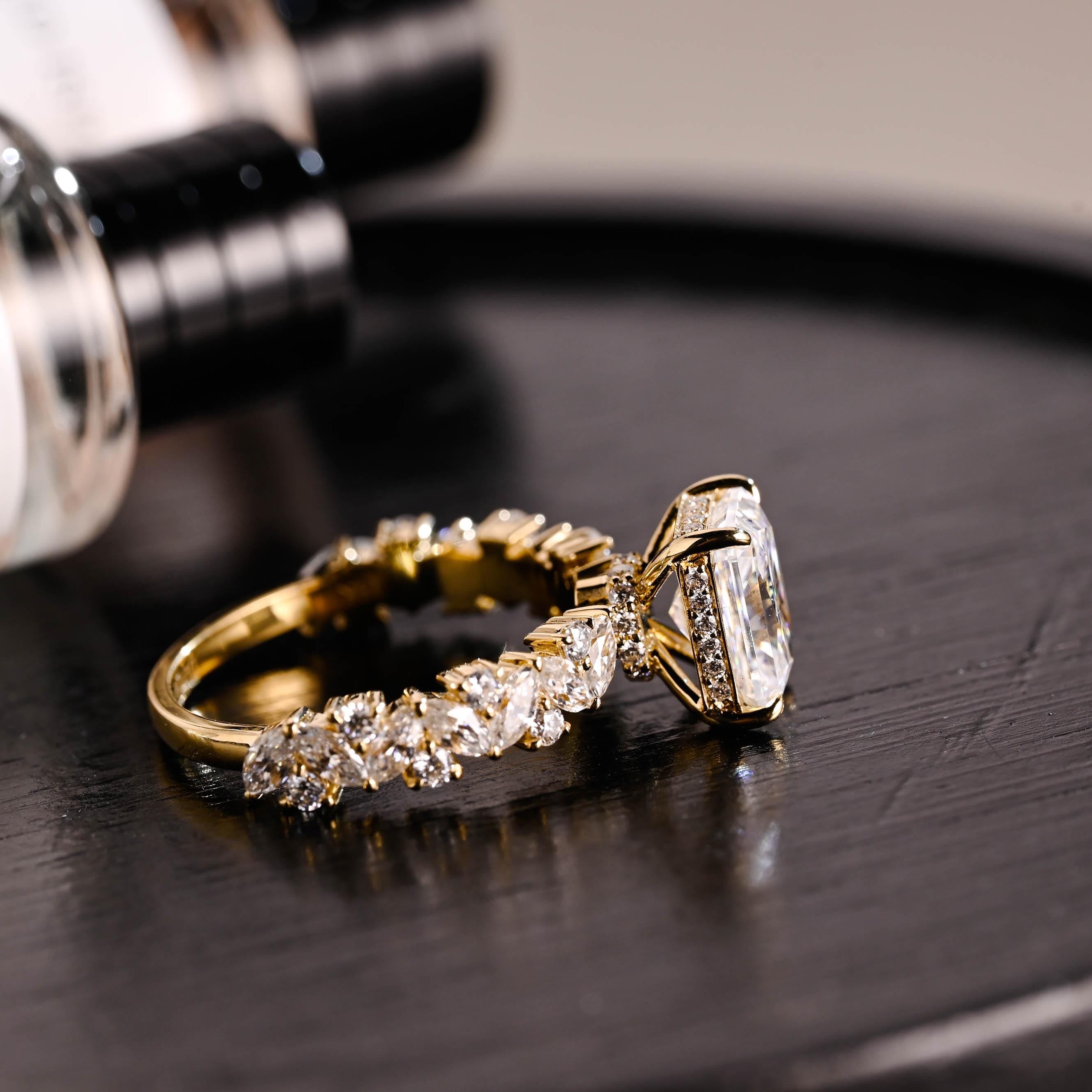 Solid Gold Half Pave Hidden Halo Radiant Cut Moissanite Engagement Ring