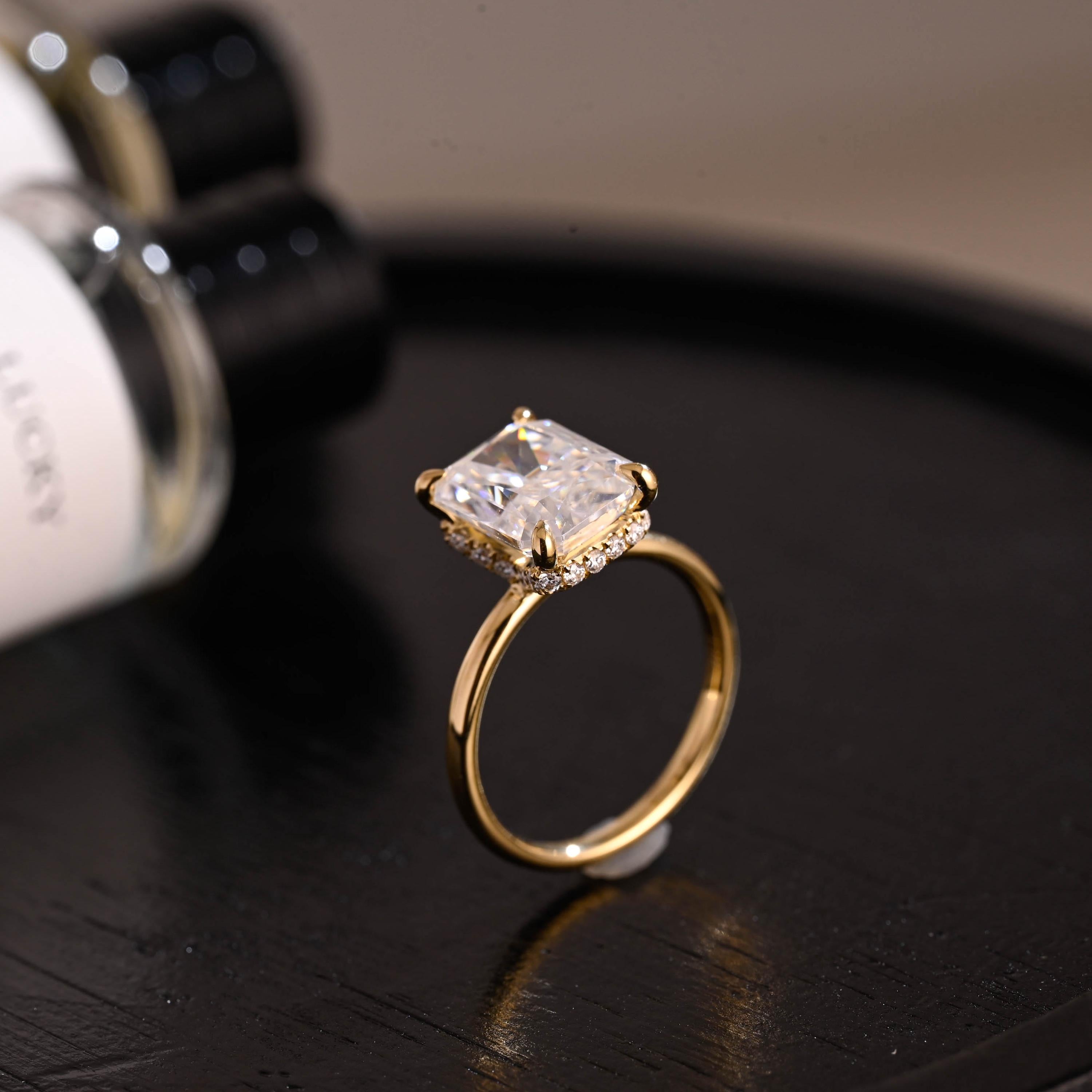 Solid Gold Crushed Ice Cut Ascot Hidden Halo Radiant Cut Moissanite Engagement Ring