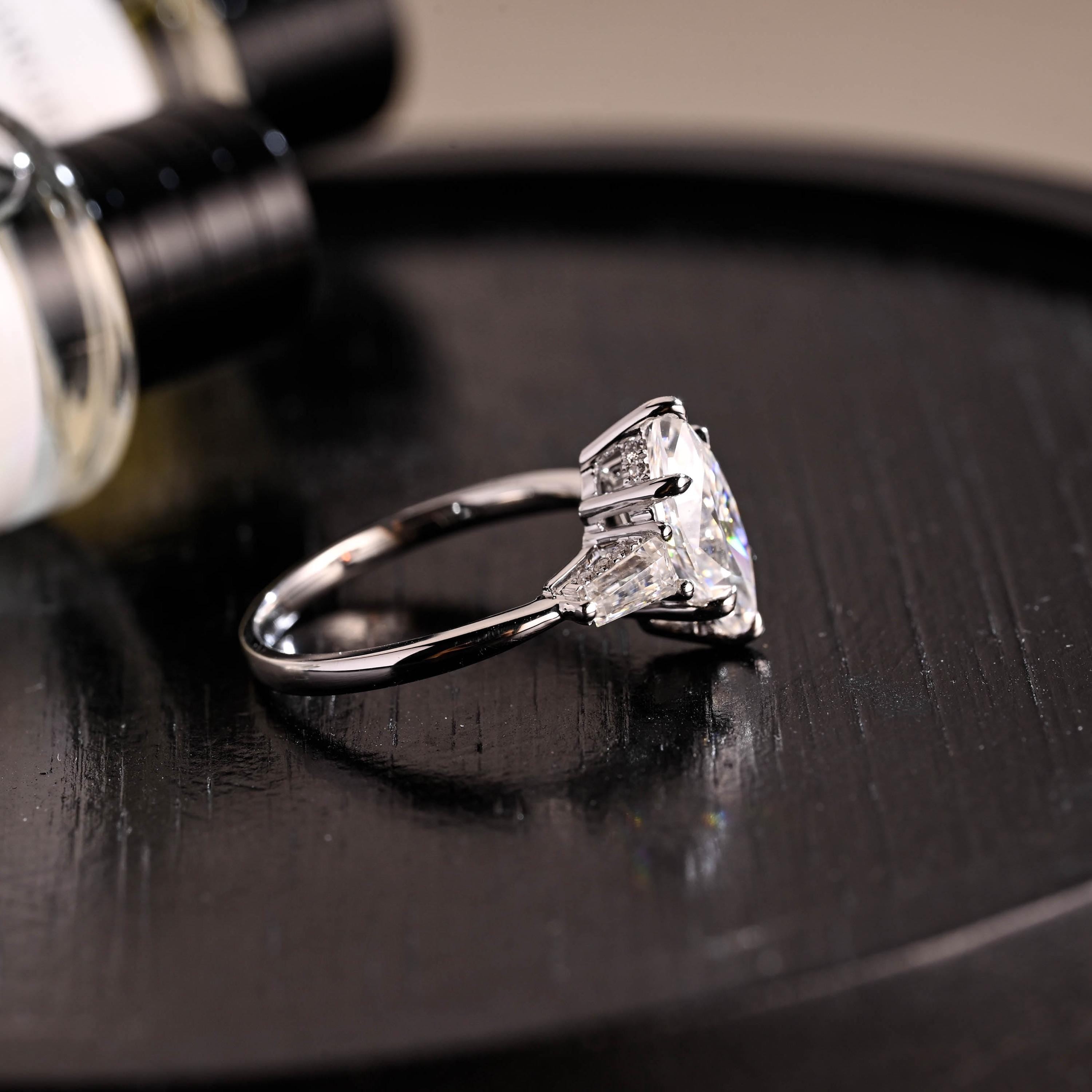 Hidden Halo Marquise Moissanite Solid Gold Engagement Ring, Three Stone Statement Ring