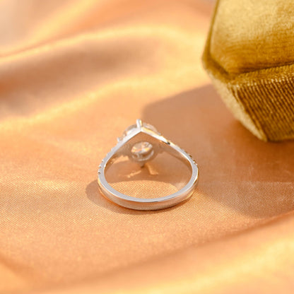 Pave Round Cut Moissanite Engagement Ring, Solid Gold Curved Moissanite Wedding Ring