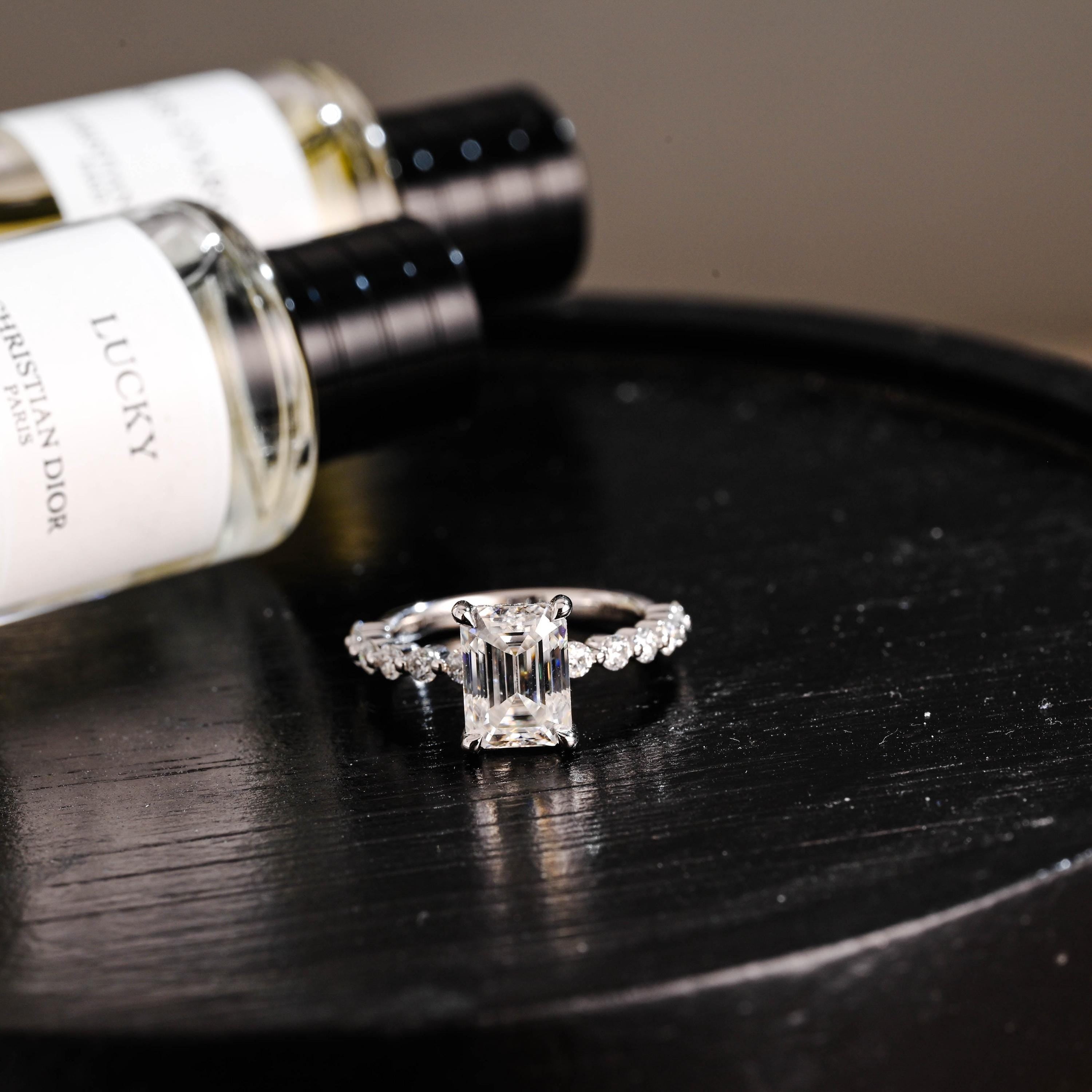 Solid Gold Half Eternity Emerald Cut Moissanite Engagement Ring, Proposal Ring, Round Promise Ring, Wedding Ring, Anniversary Gift for Women