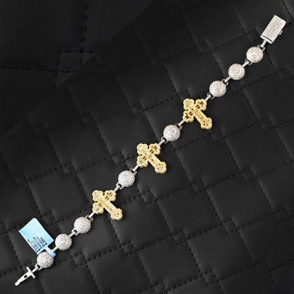 Two-Tone Moissanite Cross Bracelet: 925 Sterling Silver Iced Out Design