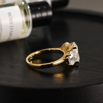 Solid Gold Three Stone Oval Moissanite Engagement Ring, Anniversary Gift Birthday Gift for Women