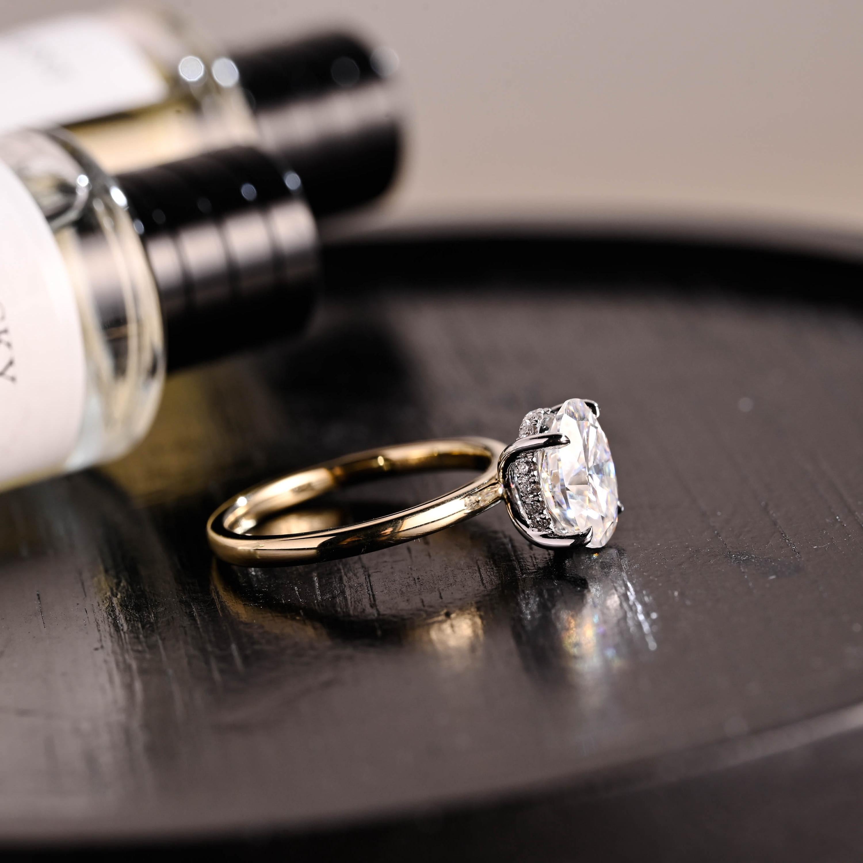 Solid Gold Two Tone Oval Cut Moissanite Engagement Ring, Hidden Halo Wedding Ring