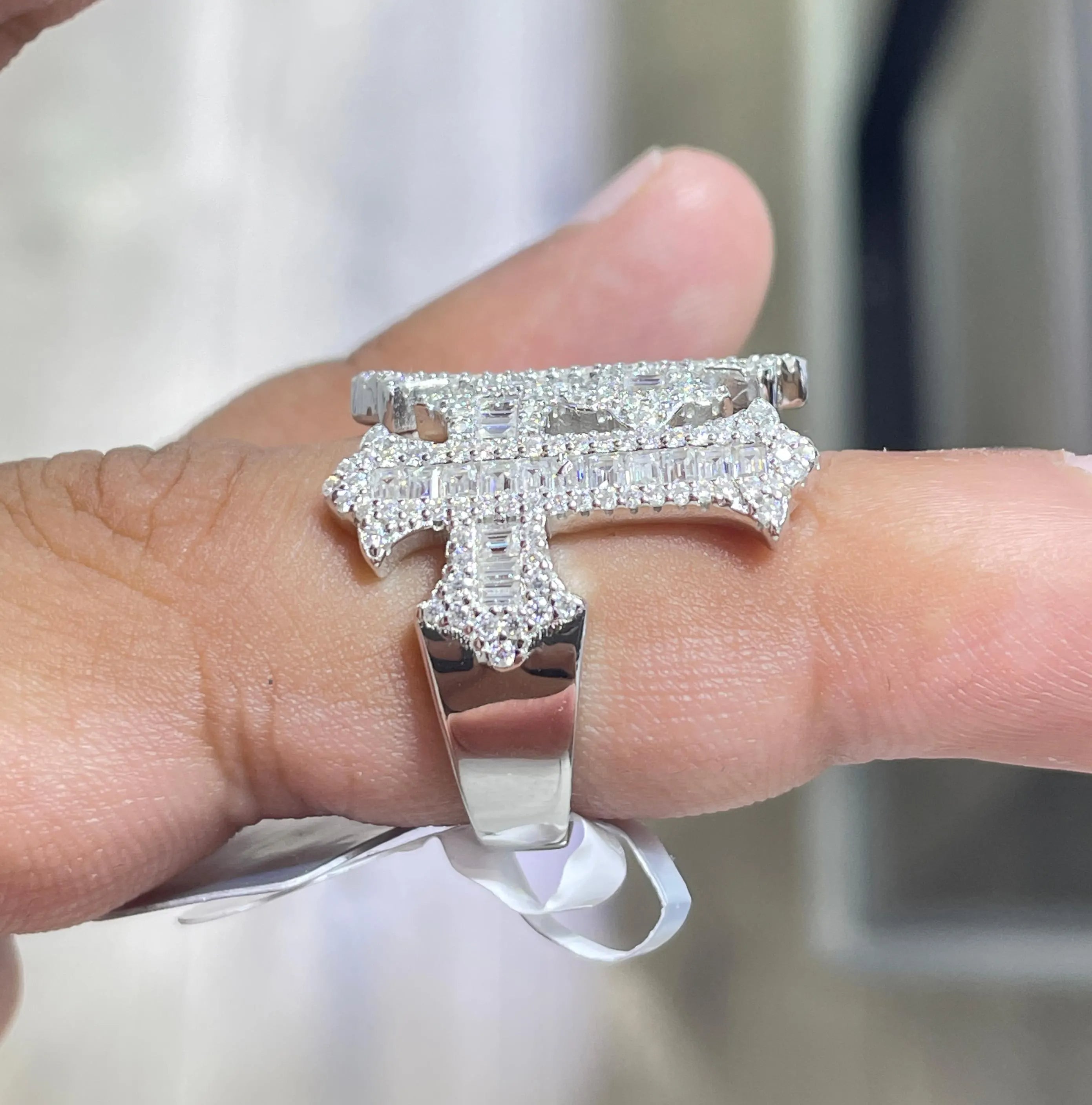 Iced Out Cross Ring: Baguette Moissanite, Sterling Silver Hip Hop Jewelry