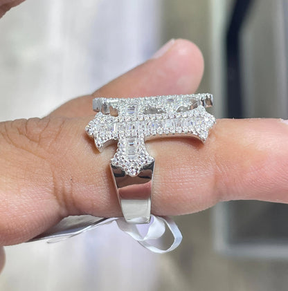 Iced Out Cross Ring: Baguette Moissanite, Sterling Silver Hip Hop Jewelry