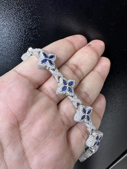 Iced Out Clover Bracelet | VVS Moissanite, Blue Sapphire, Sterling Silver