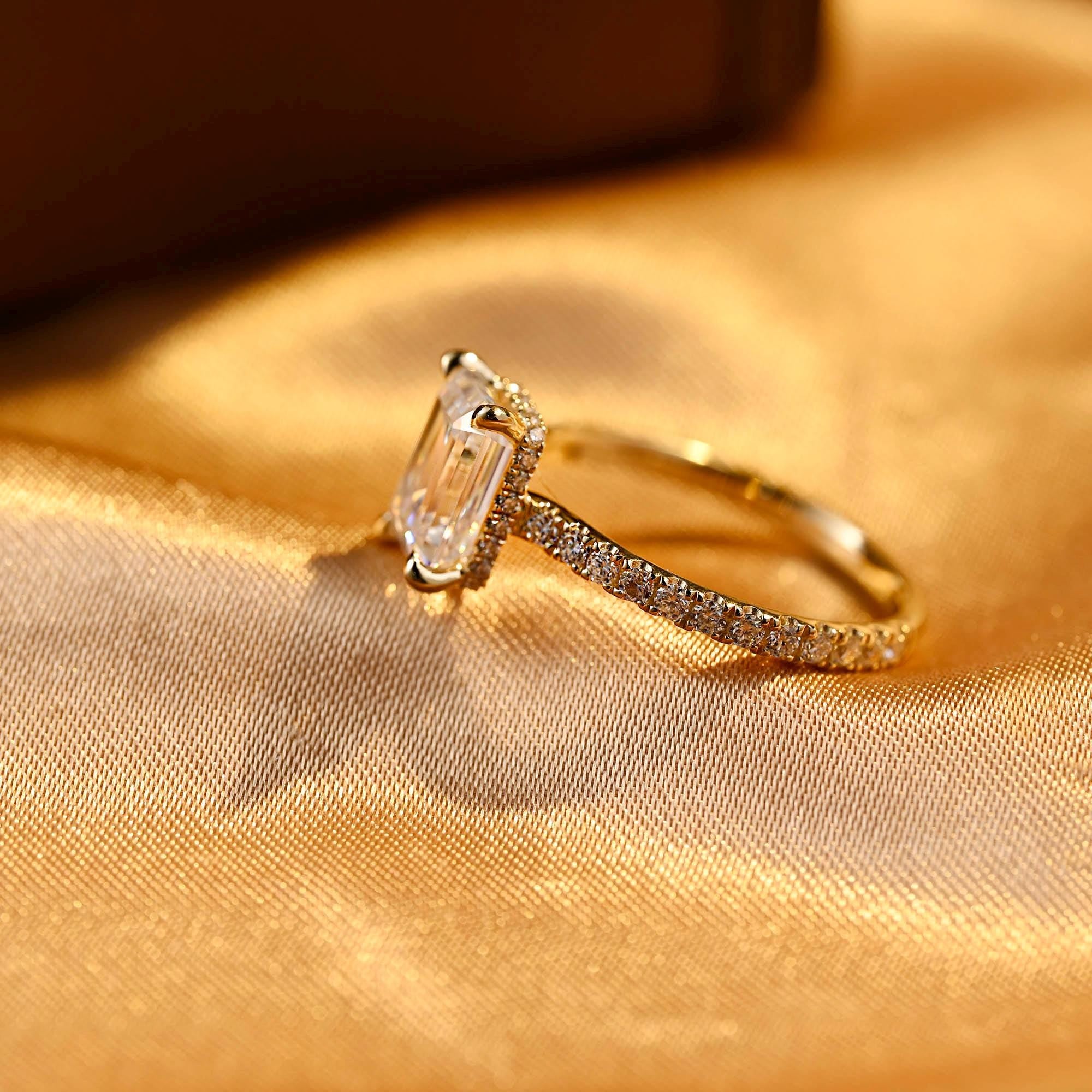 Cathedral Setting Emerald Cut Moissanite Engagement Ring, Solid Gold Hidden Halo Pave Emerald Moissanite Wedding Ring, Anniversary Ring