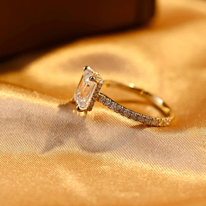 Cathedral Setting Emerald Cut Moissanite Engagement Ring, Solid Gold Hidden Halo Pave Emerald Moissanite Wedding Ring, Anniversary Ring