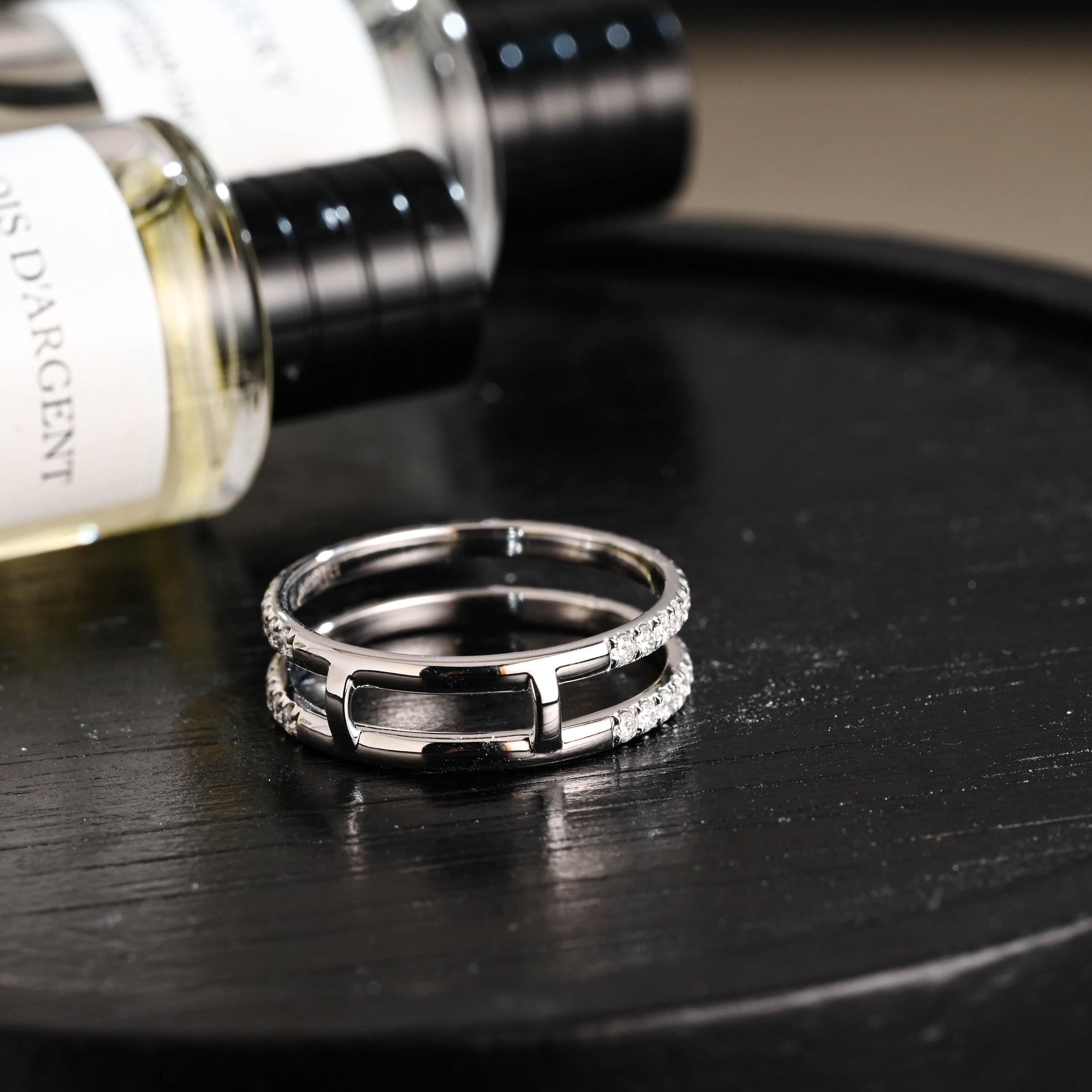Solid Gold Moissanite Wedding Band, Double Row Enhancer Ring