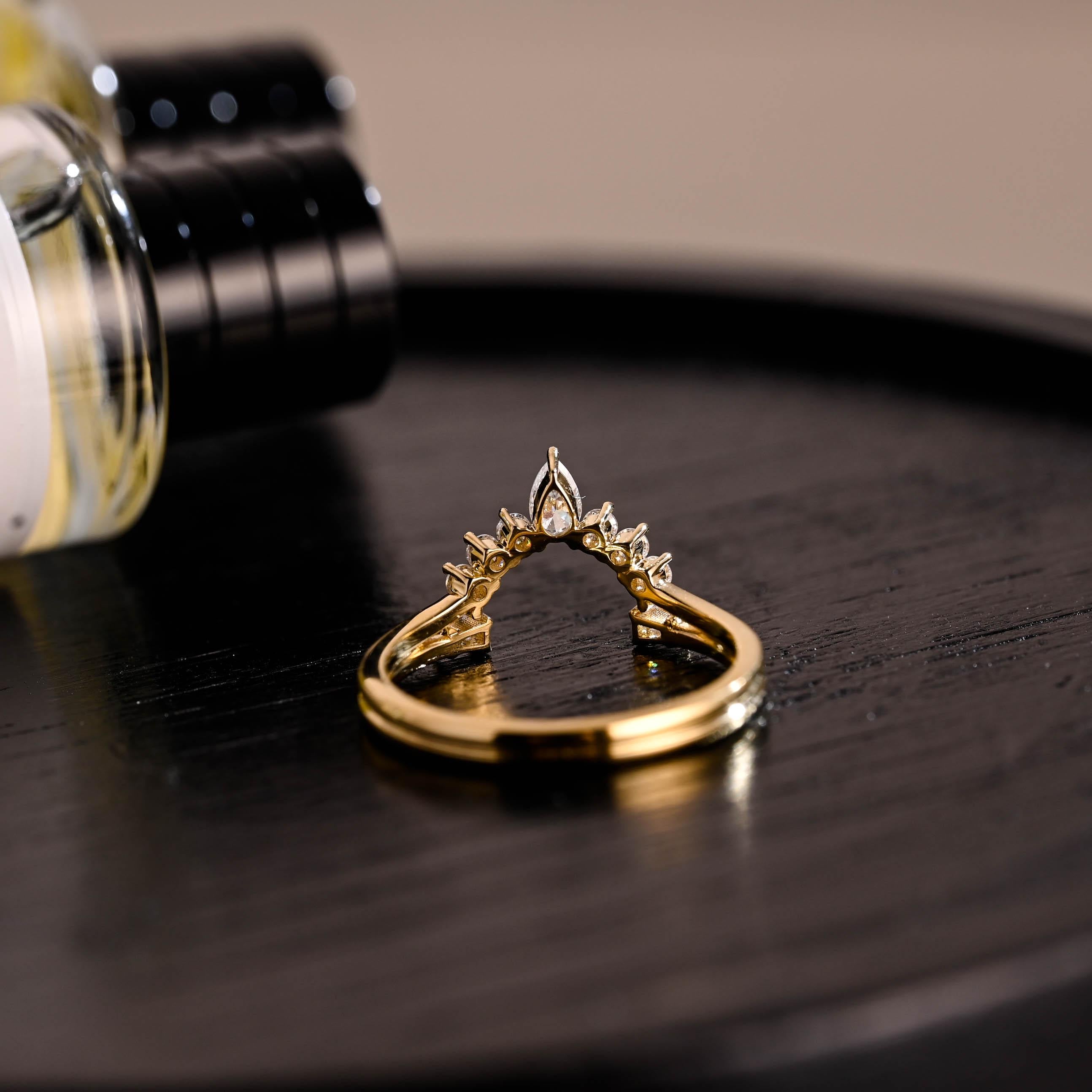 Solid Gold Moissanite Nesting Wedding Band, Stackable Curved Ring
