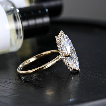 Solid Gold Marquise Cut Moissanite Engagement Ring, Hidden Halo Promise Ring