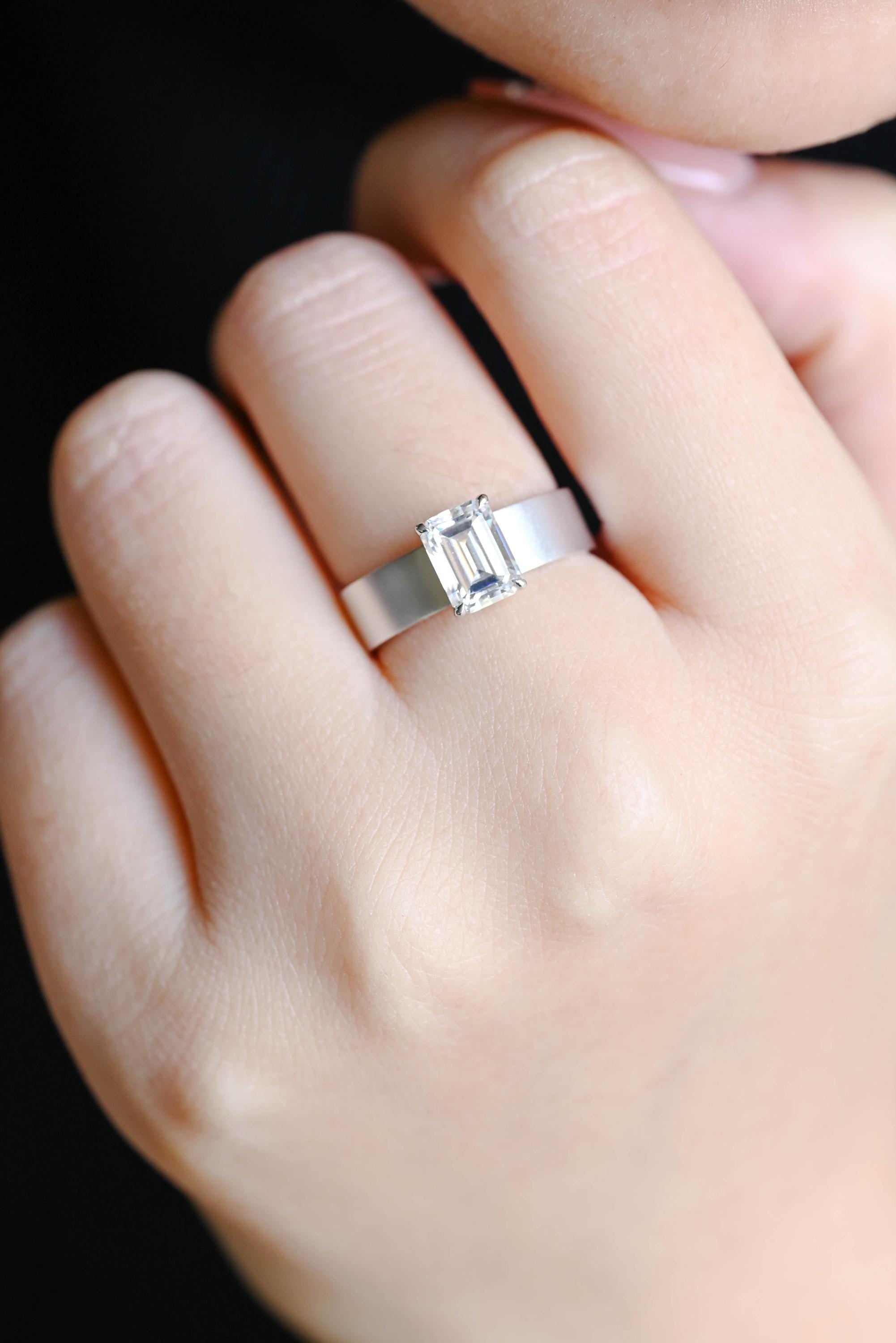 Solid Gold 5mm Matte Finish Solitaire Emerald Cut Moissanite Engagement Ring, Proposal Ring, Promise Ring, Wedding Ring, Gift for Women Wife