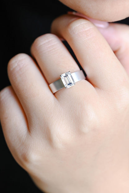 Solid Gold 5mm Matte Finish Solitaire Emerald Cut Moissanite Engagement Ring, Proposal Ring, Promise Ring, Wedding Ring, Gift for Women Wife