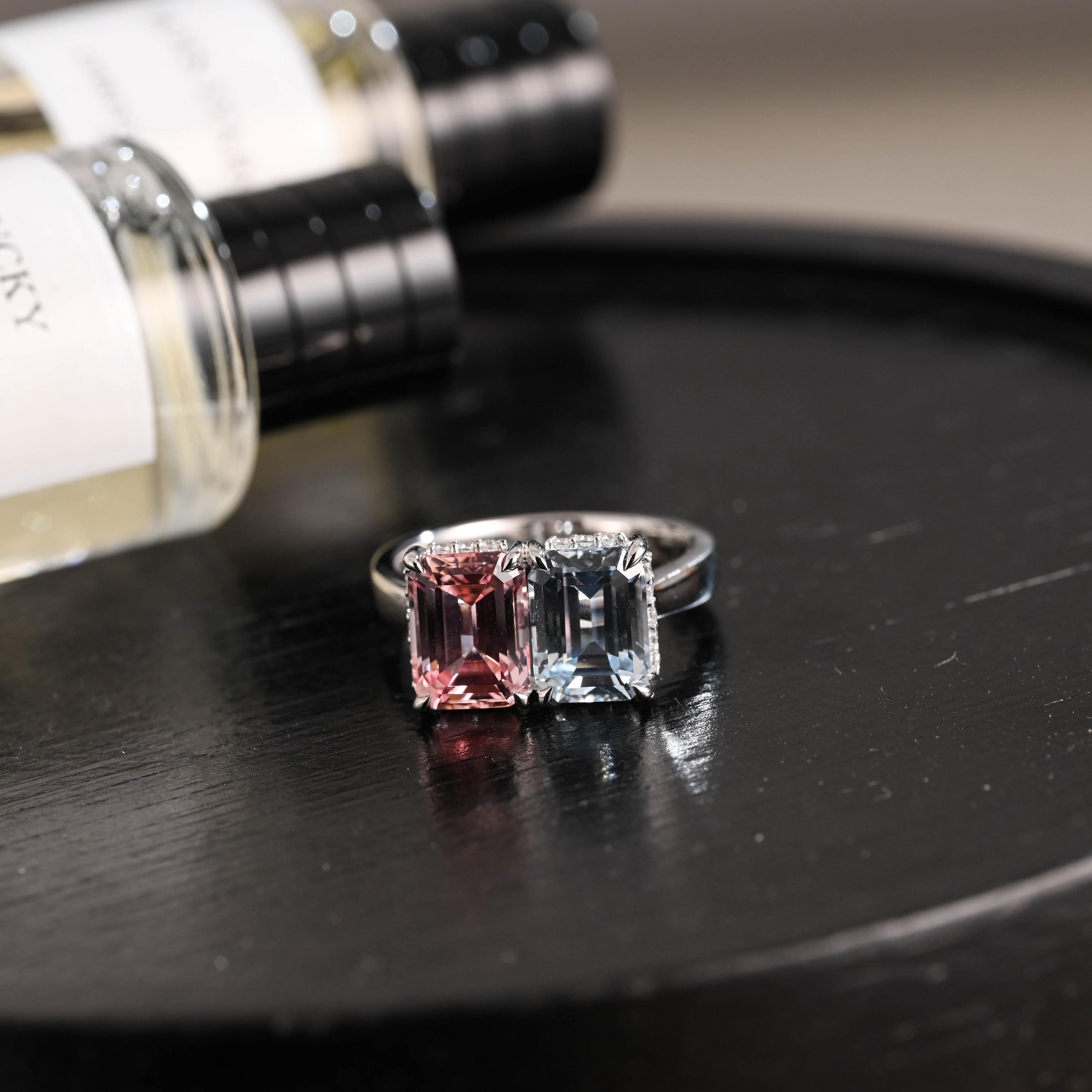 Solid Gold Toi et Moi Emerald Cut Pink Lab Grown Sapphire & Blue Lab Grown Sapphire Engagement Ring