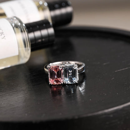 Solid Gold Toi et Moi Emerald Cut Pink Lab Grown Sapphire & Blue Lab Grown Sapphire Engagement Ring