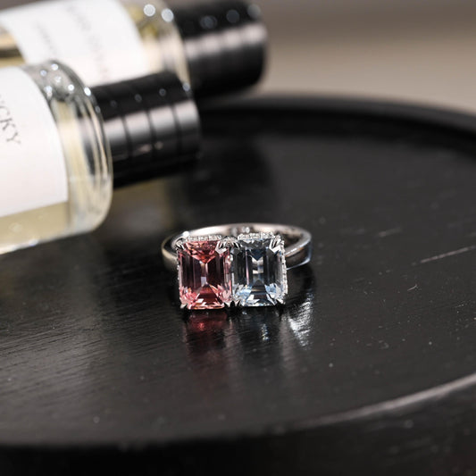 Solid Gold Toi et Moi Emerald Cut Pink Lab Grown Sapphire & Blue Lab Grown Sapphire Engagement Ring