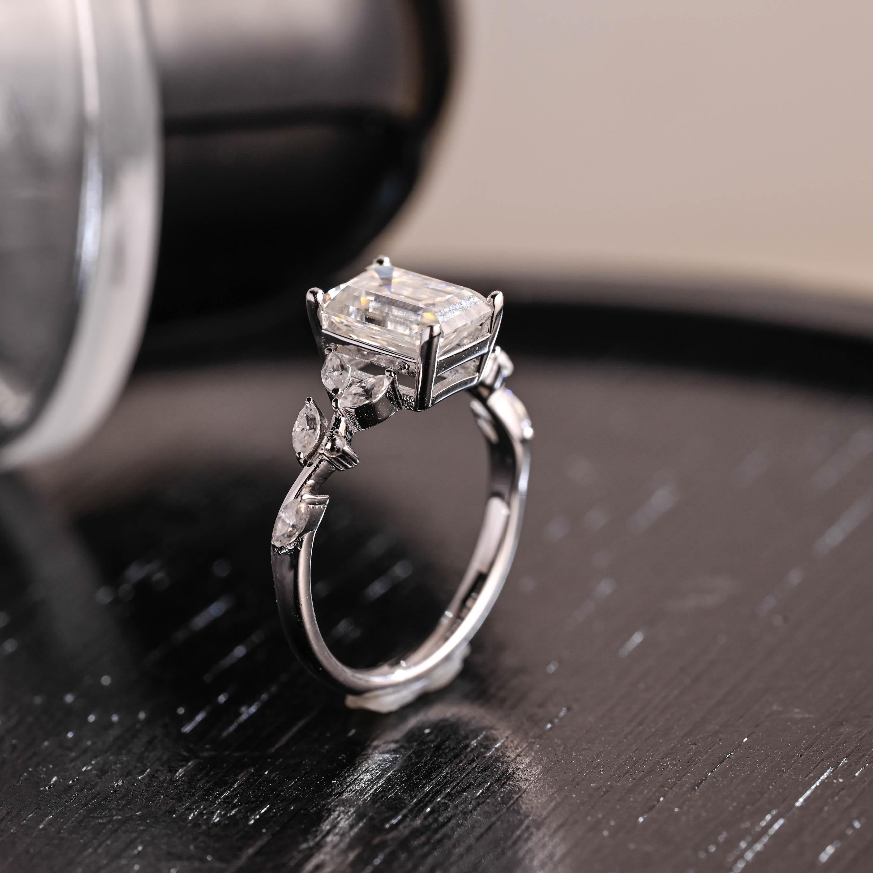Solid Gold Side Cluster Emerald Cut Moissanite Engagement Ring, Anniversary Ring, Moissanite Leaf Ring