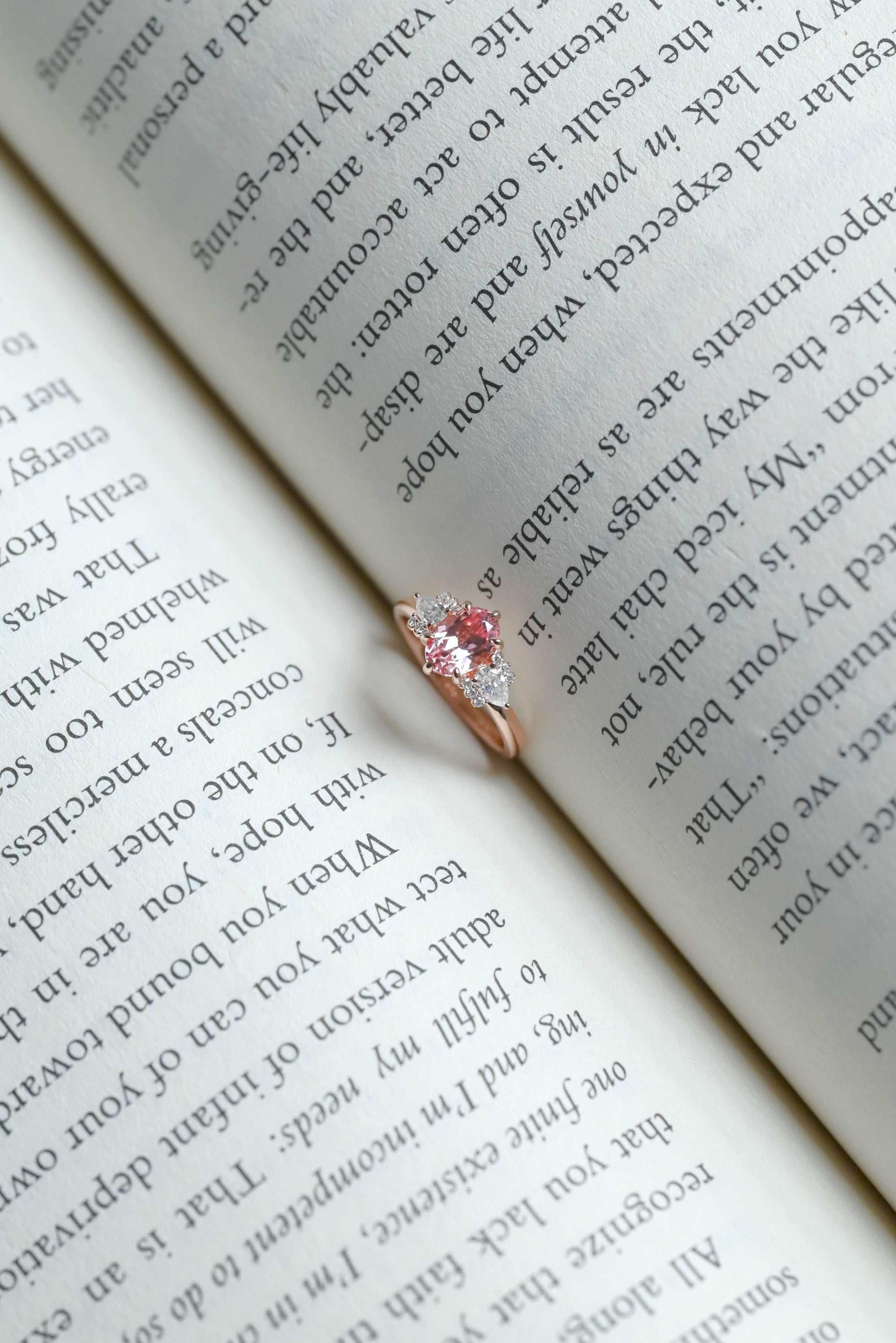 Solid Gold Oval Lab Grown Pink Sapphire Engagement Ring, Three Stone Proposal Ring