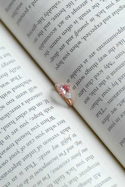 Solid Gold Oval Lab Grown Pink Sapphire Engagement Ring, Three Stone Proposal Ring