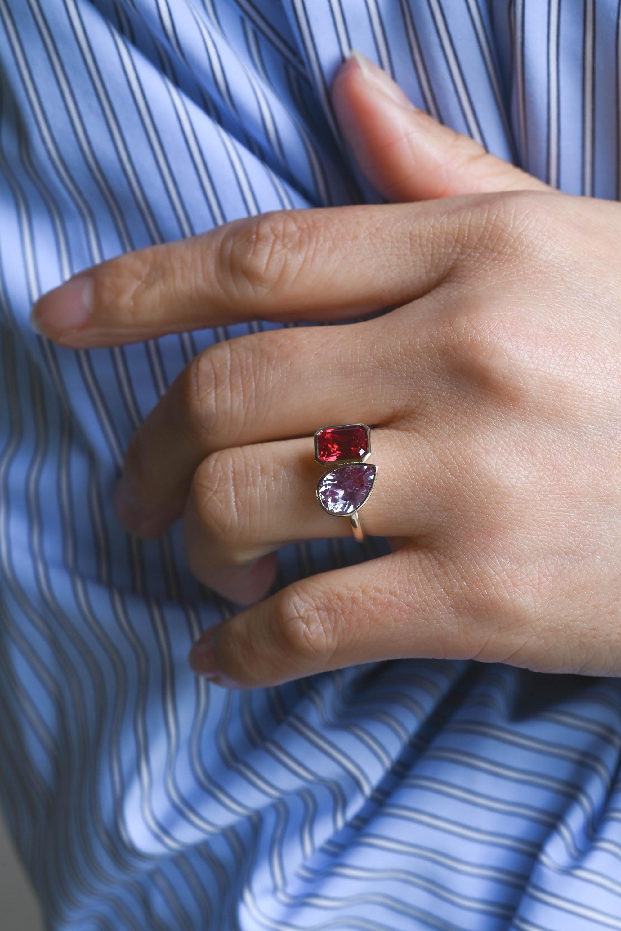 Solid Gold Emerald Cut Lab Grown Ruby & Pear Lab Grown Alexandrite Toi et Moi Engagement Ring