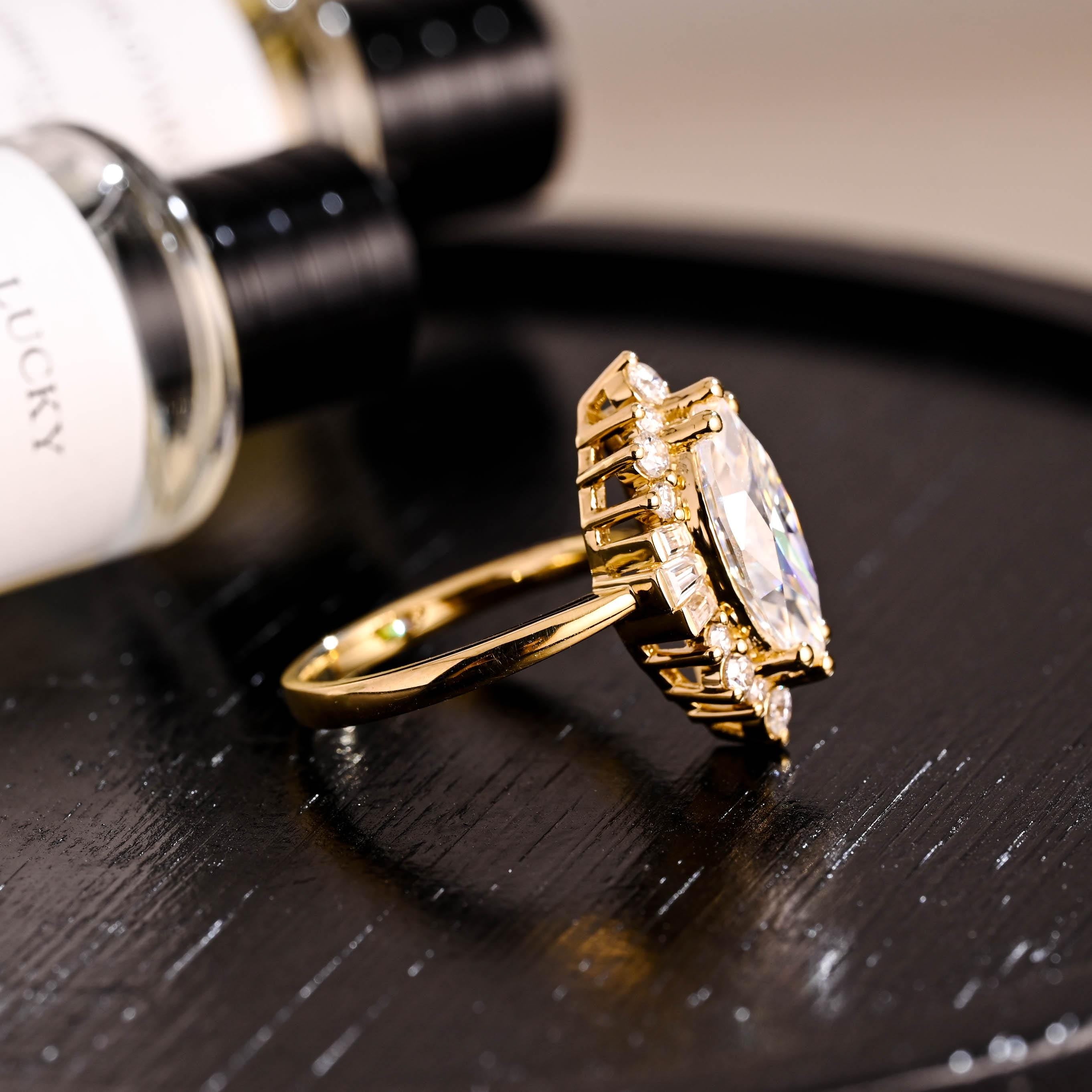 Starburst Marquise Moissanite Engagement Ring, Solid Gold Promise Ring
