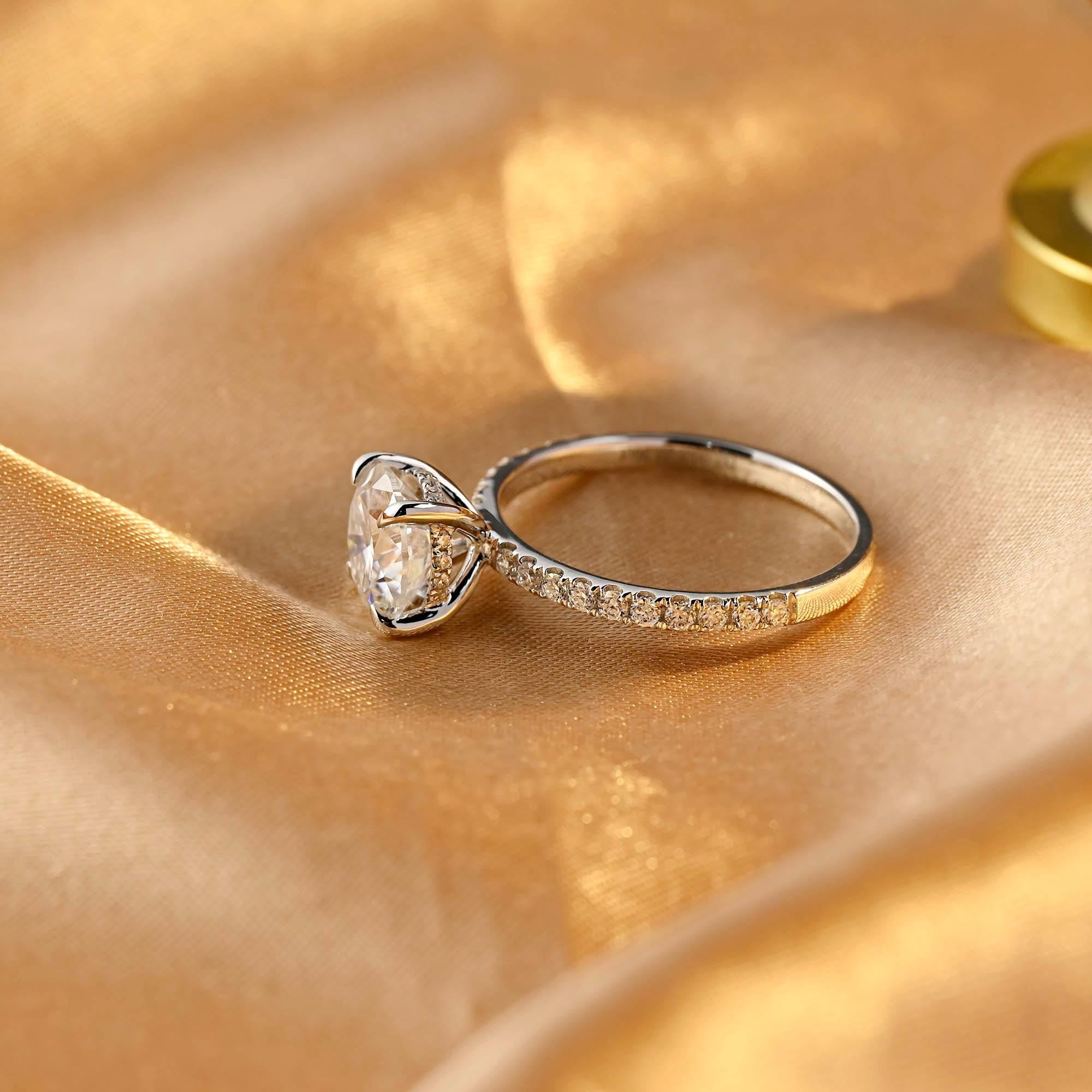 Half Pave Solid Gold Round Cut Moissanite Engagement Ring, Hidden Halo Round Cut Wedding Ring