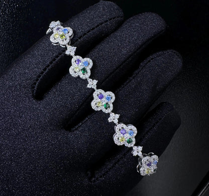 Moissanite Clover Bracelet: Multi-Color Diamond, S925 Sterling Silver, 5.83CTW