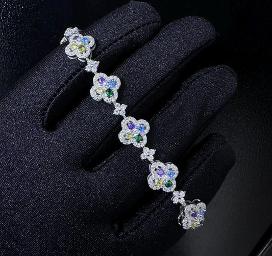 Moissanite Clover Bracelet: Multi-Color Diamond, S925 Sterling Silver, 5.83CTW