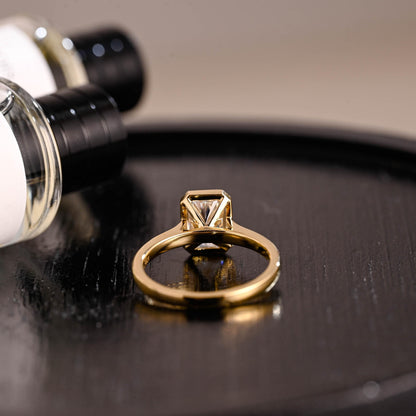 Solid Gold Bezel Crushed Ice Radiant Cut Moissanite Engagement Ring, Solitaire Cathedral Setting