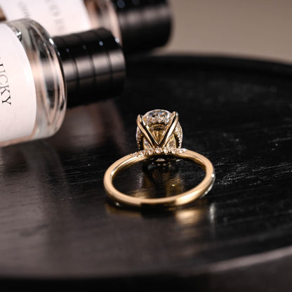 Solid Gold Hidden Halo Oval Cut Moissanite Engagement Ring, Anniversary Ring for Her