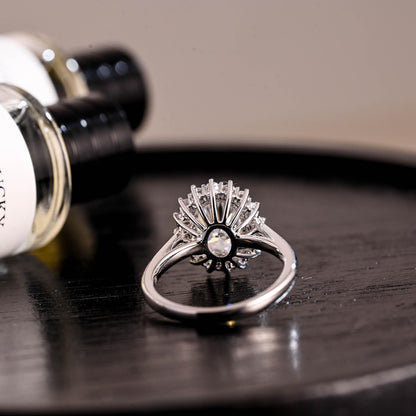 Solid Gold Starburst Oval Cut Moissanite Engagement Ring, Halo Wedding Ring