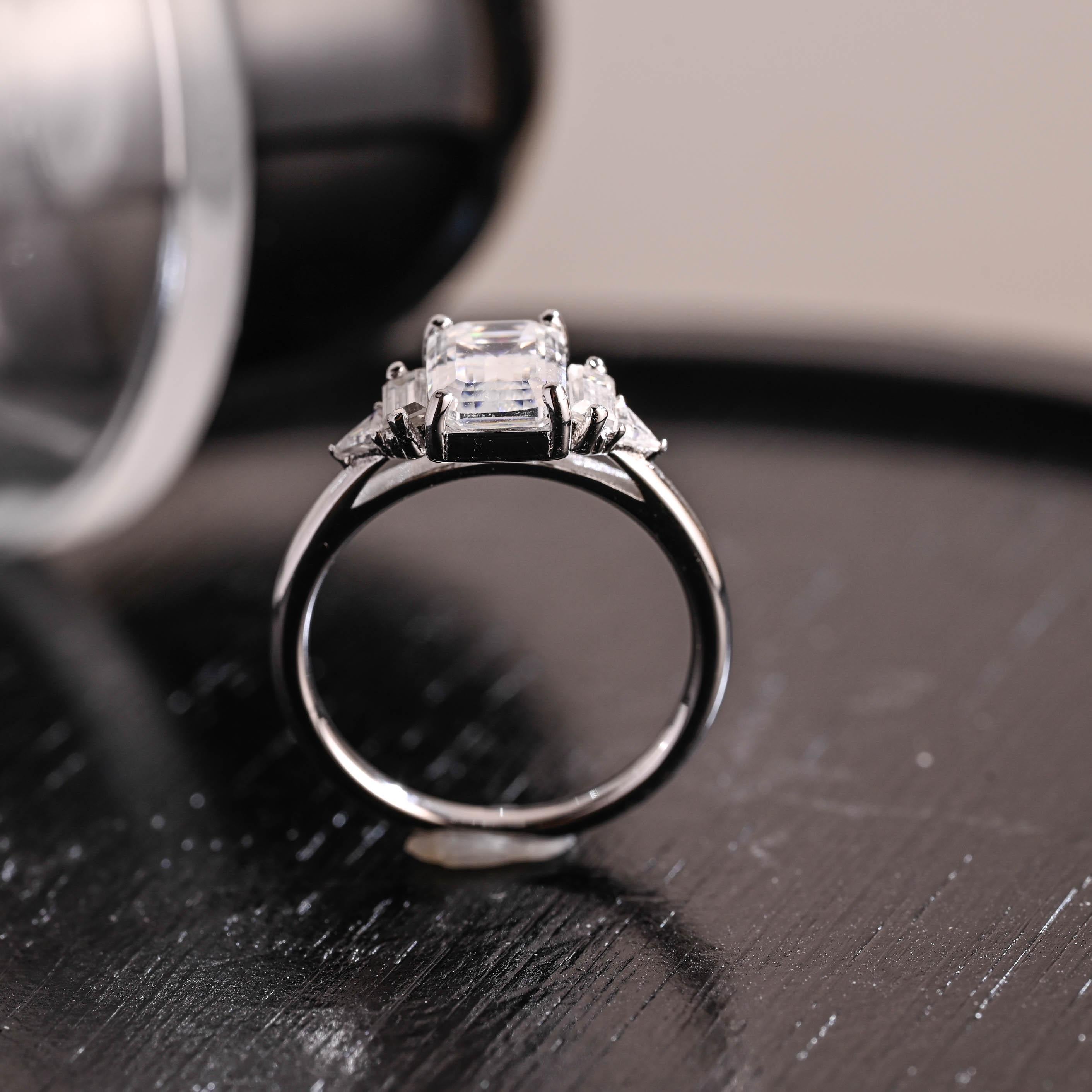 Three Stone Emerald Cut Moissanite Engagement Ring, Solid Gold Emerald Cut Moissanite Wedding Ring, Anniversary Ring, Moissanite Gifts