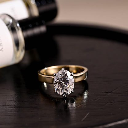 Solid Gold Two Tone Solitaire Oval Cut Moissanite Engagement Ring, 3mm Wide Cathedral Setting