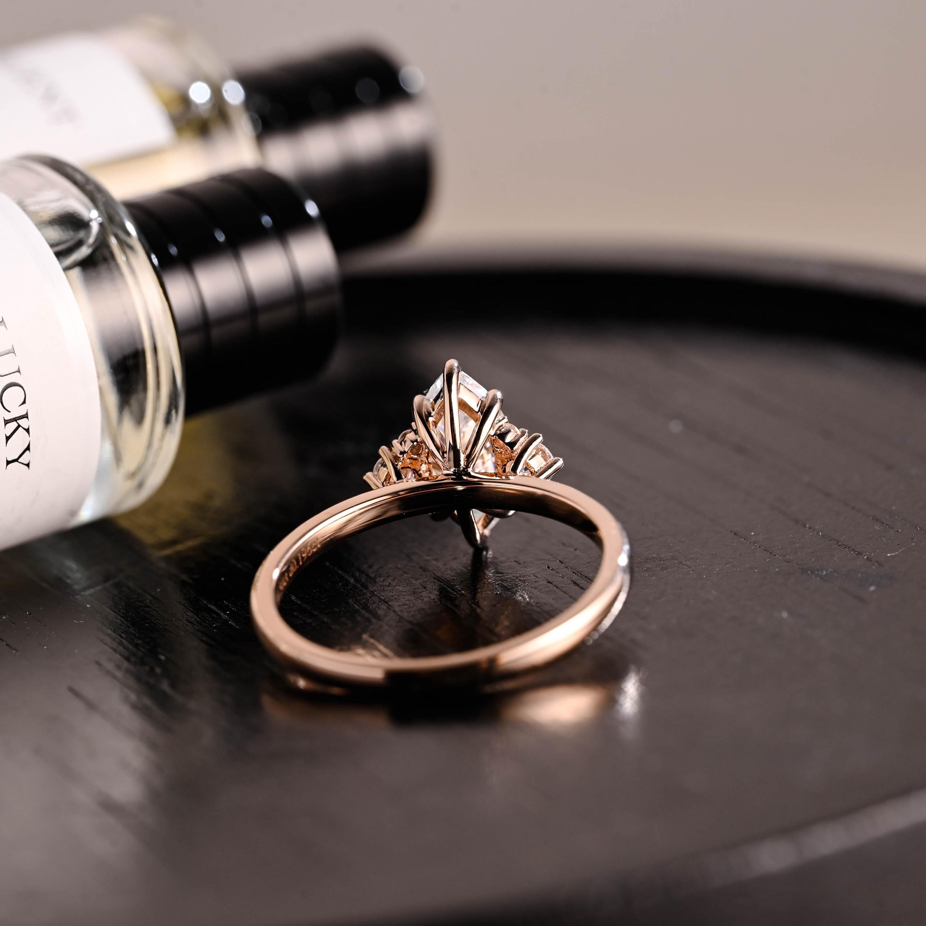 Marquise Cut Moissanite Engagement Ring, Starburst Side Cluster, Anniversary Gift