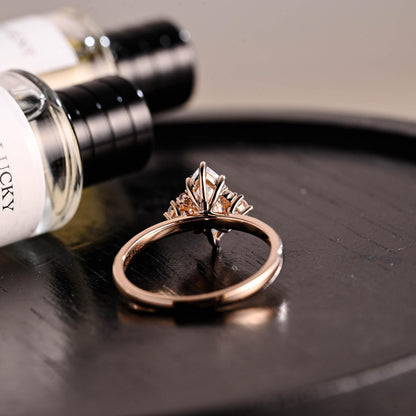 Marquise Cut Moissanite Engagement Ring, Starburst Side Cluster, Anniversary Gift