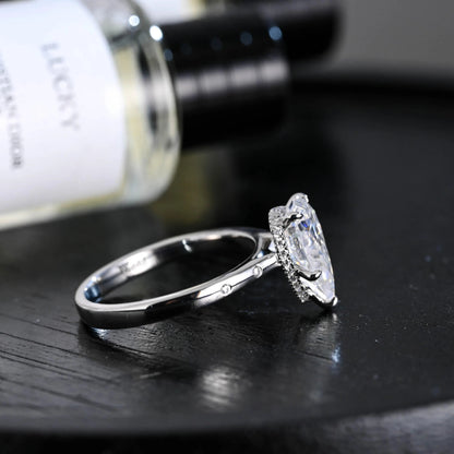 Solid Gold Hidden Halo Pear Moissanite Engagement Ring, Anniversary Gift Birthday Gift for Women